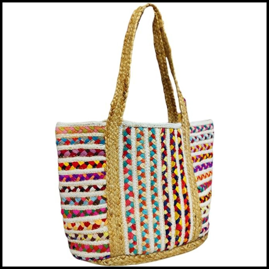 Natural Jute Cotton Tote Bag Handmade Boho Chic Shoulder Beach Bag
